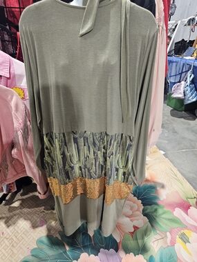 L&B Olive Green Tunic with Cactus Print and Gold Sequin Band